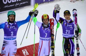Il podio dello slalom di madonna di campiglio ©OLIVIER MORIN/AFP/Getty Images