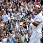 Spanish player Rafael Nadal reacts after