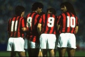 Carlo Ancelloti, Frank Rijkaard, Marco Van Basten and Ruud Gullit of AC Milan