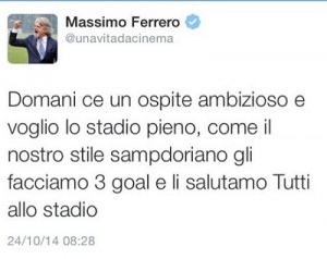 Il tweet del presidente della Sampdoria Massimo Ferrero