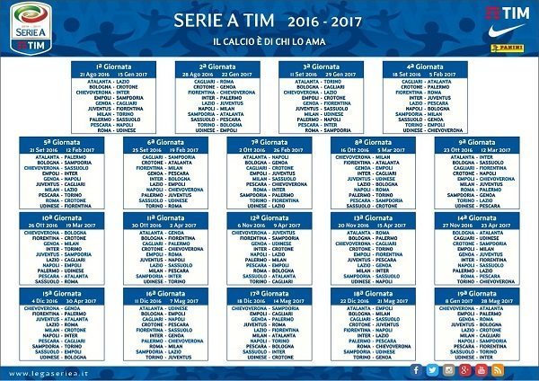 Calendario Serie A 2016/17, subito Juve-Fiorentina