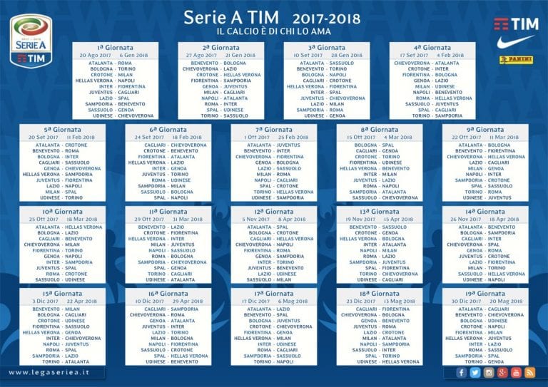 Calendario Serie A 2017/18, tutte le gare verso lo Scudetto