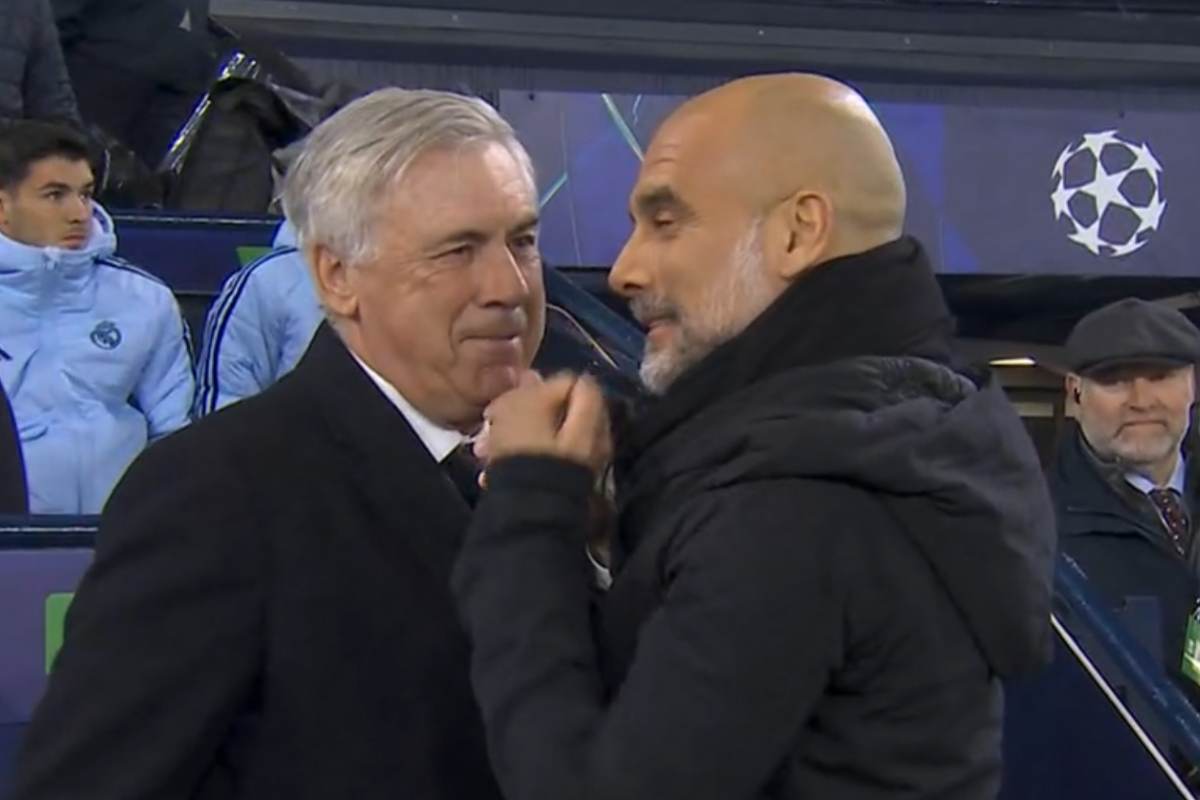Carlo Ancelotti, allenatore del Real Madrid, e Pep Guardiola, allenatore del Manchester City