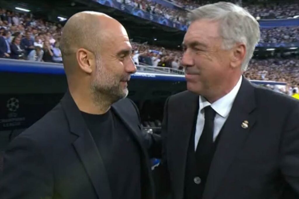 Pep Guardiola, allenatore del Manchester City, e Carlo Ancelotti, allenatore del Real Madrid