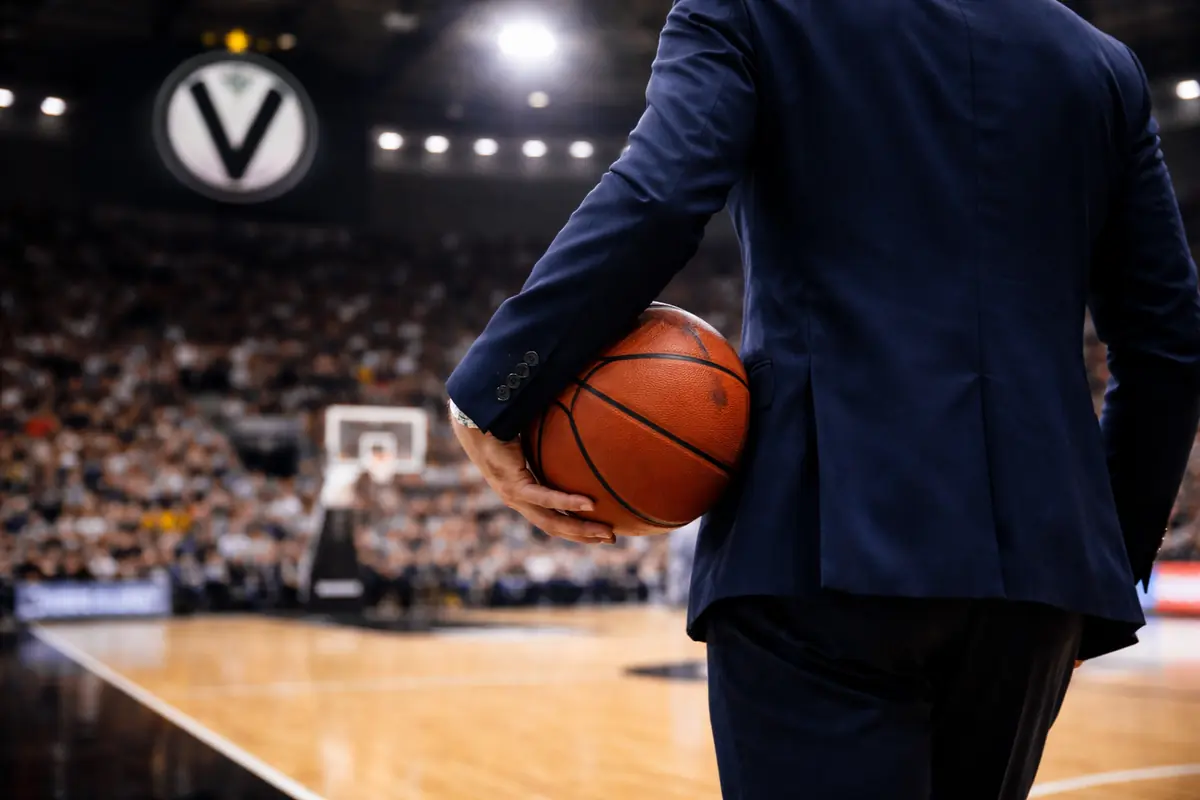Uomo con la giacca con in mano una palla da basket in un campo da gioco