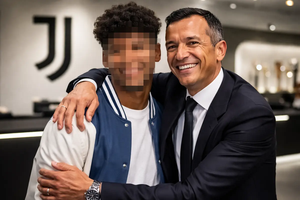 Jorge Mendes abbraccia un giocatore nella sede della Juve, immagine creata con intelligenza artificiale