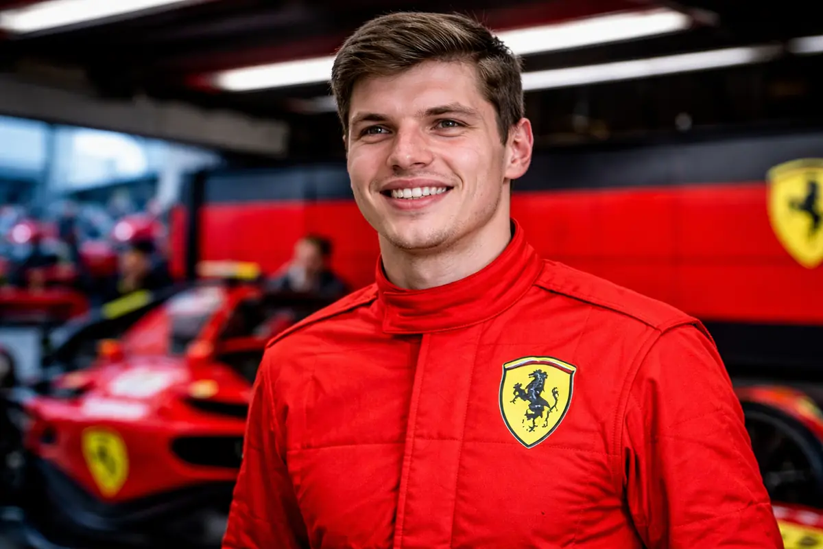 Un sorridente Verstappen con la tuta della Ferrari, immagine creata con intelligenza artificiale